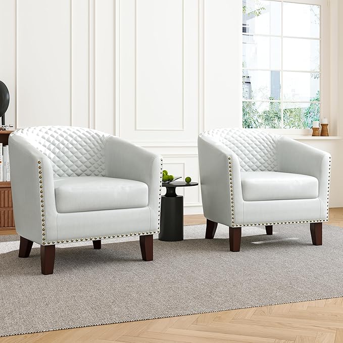 Accent Barrel Chair, Upholstered Faux Leather Club Chair with Nailed Trim, Comfy Reading Armchair for Living Room Bedroom Reception Room Office (White, Set of 4)