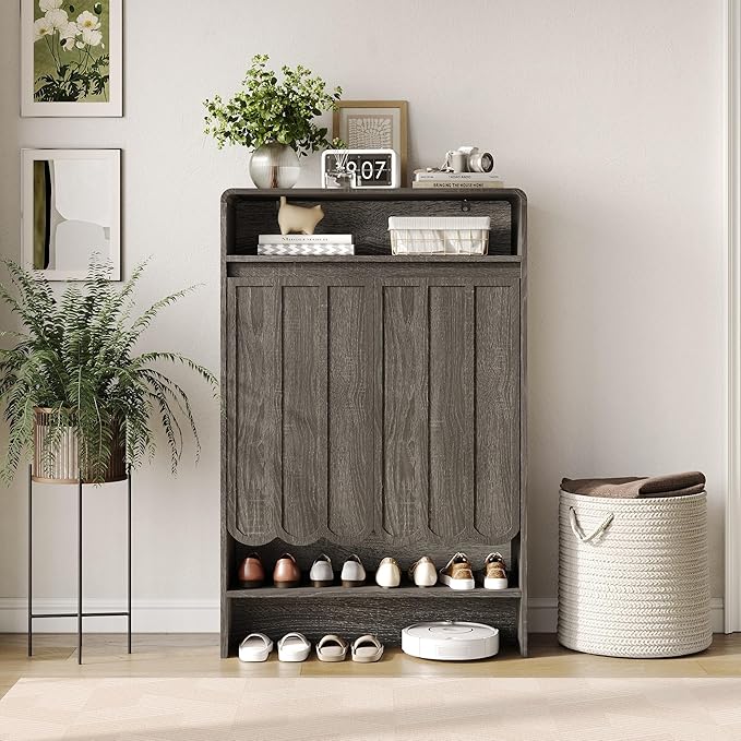 Vabches Shoe Storage Cabinet with Wave Panel Doors, 5-Tier Shoe Cabinet with Adjustable Shelves, 45'' Tall Freestanding Narrow Shoe Organizer for Entryway, Front Door, Hallway, Wood Legs, Gray