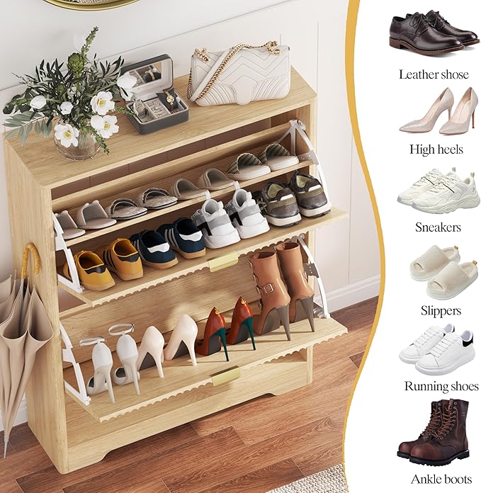 Shoe Cabinet Storage for Entryway with 2 Flip Drawers, Fluted Shoe Cabinet with Open Storage, Wooden Hidden Shoe Rack Freestanding Narrow Slim Shoe Organizer for Hallway, Entrance