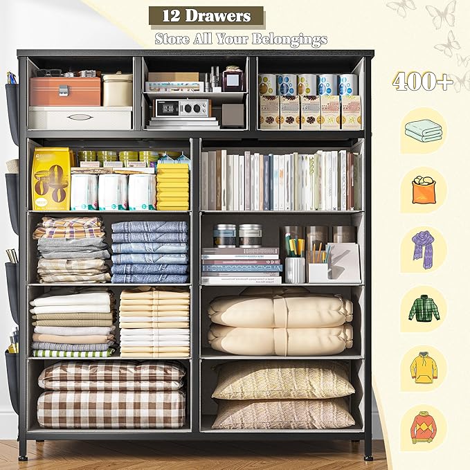 EnHomee Dresser for Bedroom with 12 Drawers, Dressers & Chest of Drawers with Side Pockets, Fabric Dresser for Bedroom, Hallway, Living Room, Sturdy Metal Frame, Wood Top, Grey