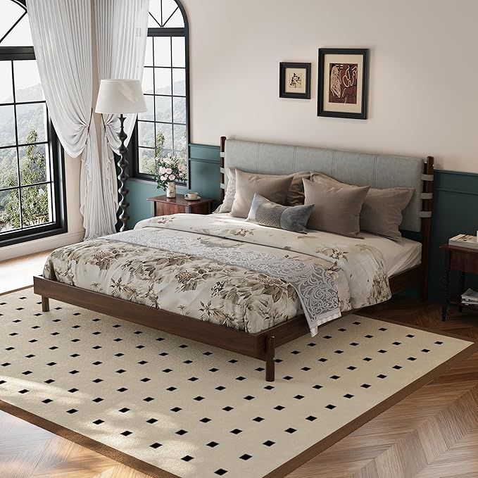 King Size Platform Bed Frame with Headboard, Premium Rubber Wood Mid Century Modern Bed, Sturdy Slat Support, Easy Assembly (Mattress Not Included) (Light Walnut, King)