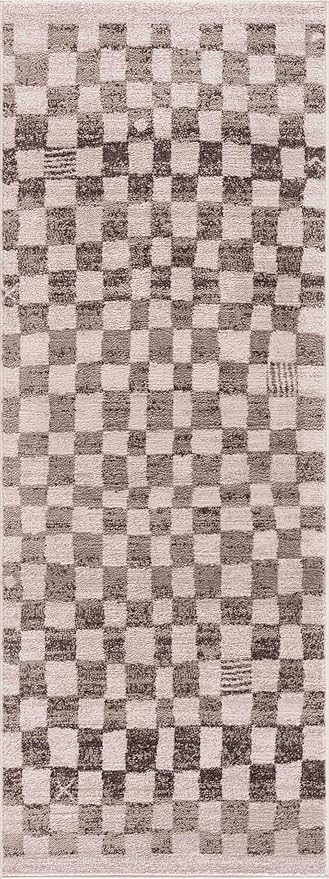 Hauteloom Pertek Modern Checkered Runner Rug - Modern Geometric Carpet for Hallway, Kids Room, Nursery - Bohemian Boho Carpet - Cream, Beige, Tan - 2'7" x 7'3"