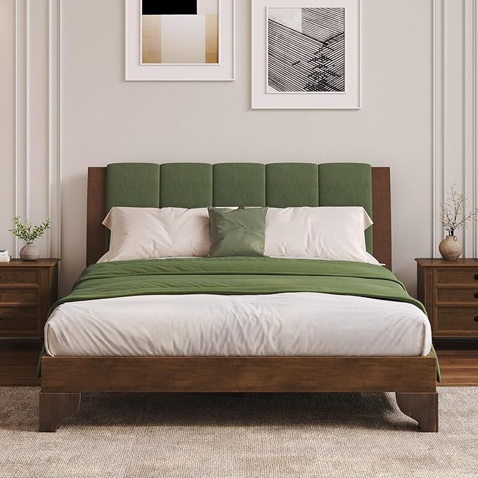 Merax Pine Wood Queen Bed Frame with Headboard, Mid Century Modern Solid Wood Platform Bed Frame Queen Size, No Box Spring Needed, Green+Natural