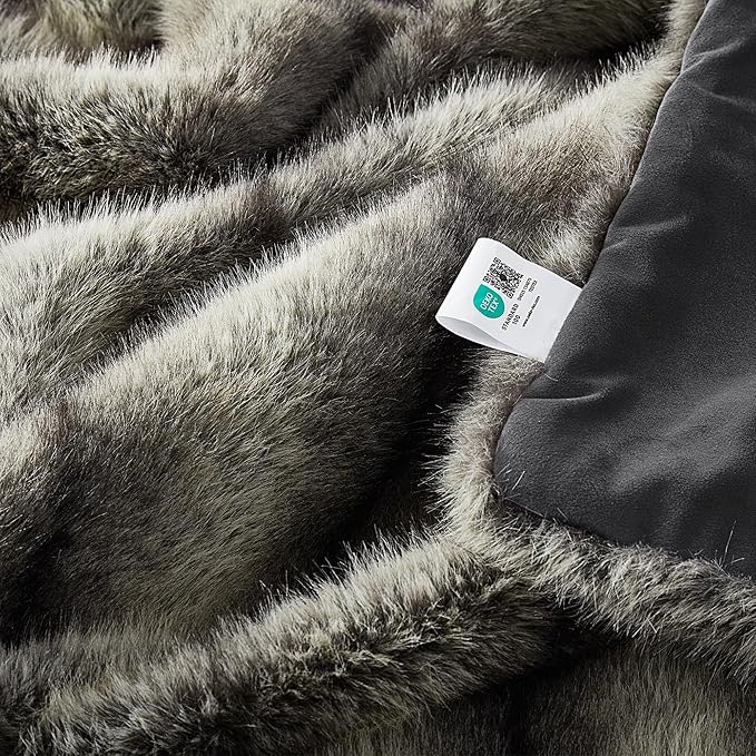 JONIYEAR High-end Premium Fuzzy Faux Wolf Fur Throw Blanket 50" x 60", Luxury Cozy Accent Thick Animal Skin Fluffy Fox Blanket for Couch Sofa, Soft Warm Gray Bear Furry Blankets for Winter, Black Grey