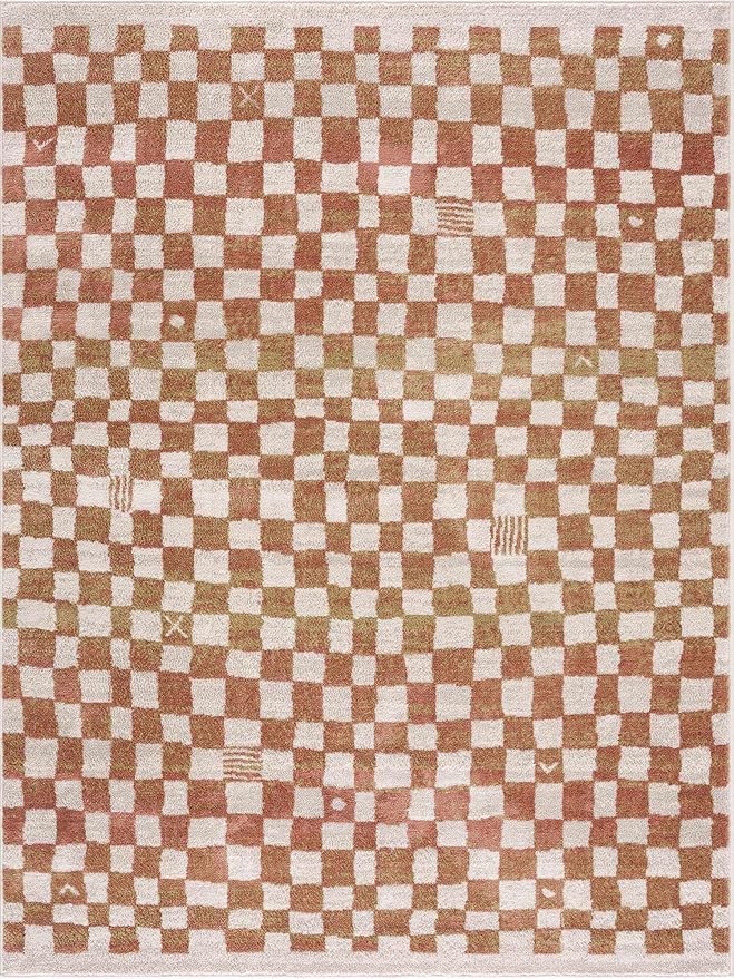 Hauteloom Pertek Modern Checkered Runner Rug - Modern Geometric Carpet for Hallway, Kids Room, Nursery - Bohemian Boho Carpet - Cream, Somon - 2'7" x 7'3"