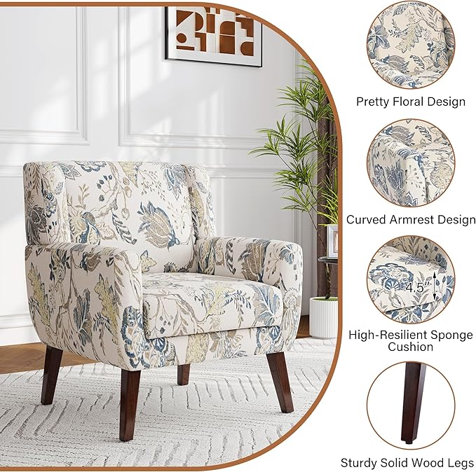 Accent Chairs Set of 2, Modern Fabric Armchairs for Living Room, Comfy Upholstered Arm Chairs Tufted for Indoor Bedroom Office Room (Pattern Leaf)