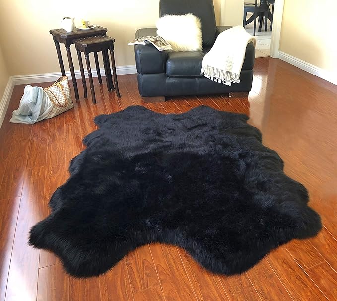Free Shape Luxury Soft Fluffy Shag Area Rug Single Quarto 4 Pelts 4'x6',120x180 cm - Vegan Fur Ultra Soft Indoor Carpet Nursery Rugs for Bedroom Home Decor, Black