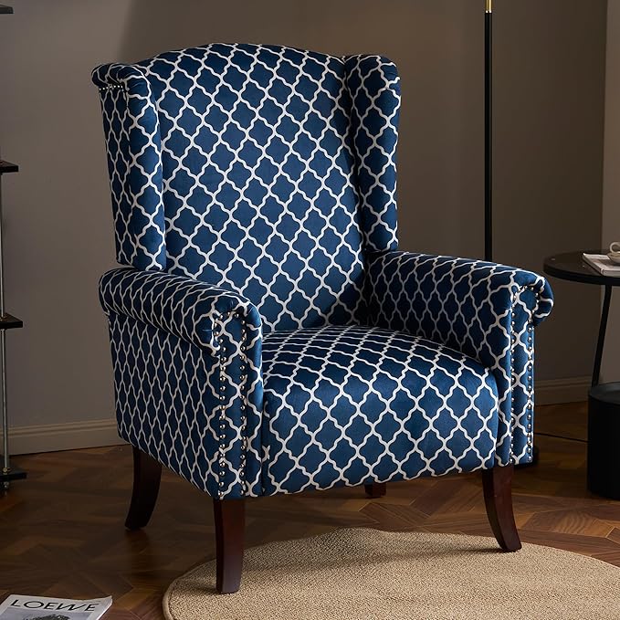 MOJAY Modern Accent Chair, Comfy Wingback Armchair Blue Plaid Club Chair with Wooden Legs for Living Room, Bedroom, Office, or Balcony