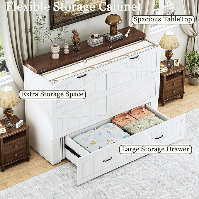 Full Size Murphy Bed Frame, Farmhouse Wood Full Beds with Charging Station, Drawer, Full Foldable Platform Bed, White