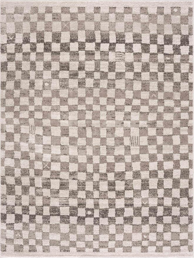 Hauteloom Pertek Modern Checkered Runner Rug - Modern Geometric Carpet for Hallway, Kids Room, Nursery - Bohemian Boho Carpet - Cream, Beige, Tan - 2'7" x 7'3"