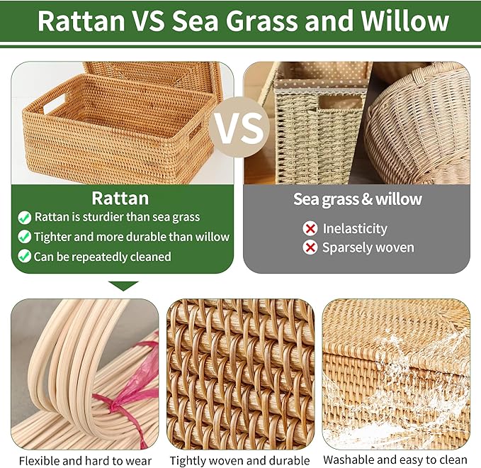 Rattan Basket With Lid, Large Lidded Basket For Storage Rattan Box(21.7" L×17.7"W×15.7"H)