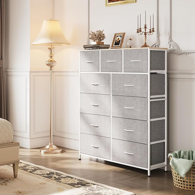 WLIVE Storage Organizer Unit with 11 Fabric Bins, Storage Drawers Organizer with Steel Frame, Tall Storage Tower Organizaton for Living Room, Hallway, Office, Light Grey