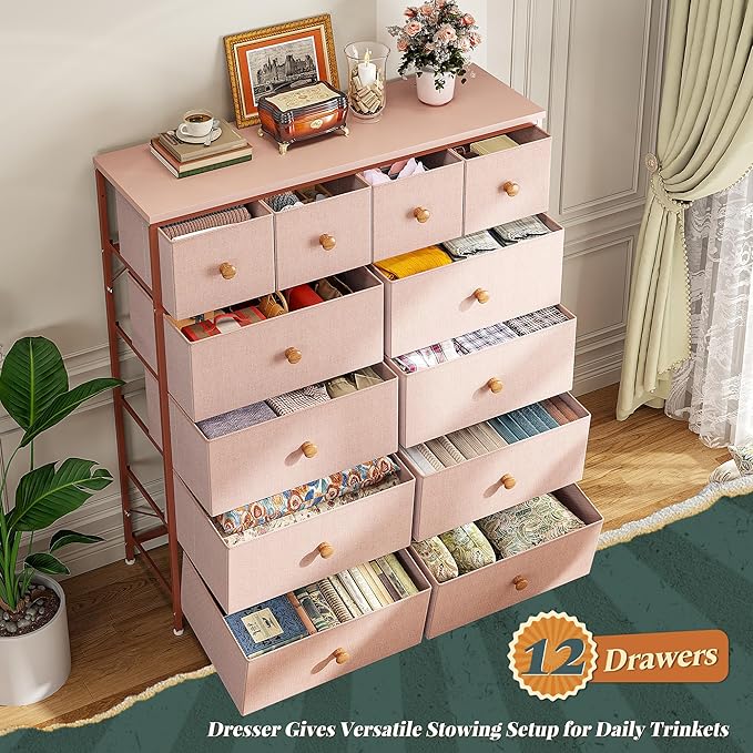 Dressers for Bedroom with 12 Drawers, Fabric Dressers & Chests of Drawers, Sturdy Metal Frame, Wood Top, Entryway, Bedroom Furniture (Pink)