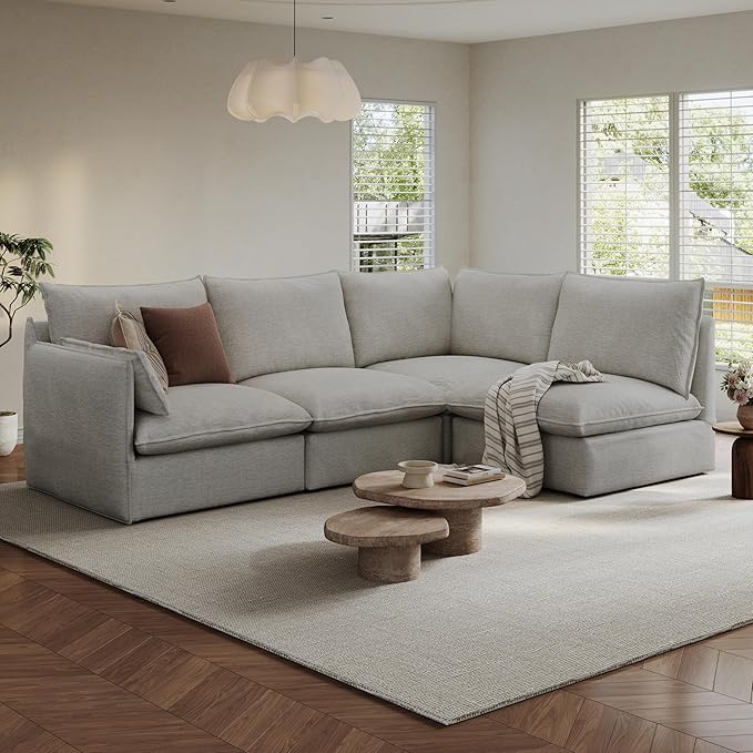 Cloud Sectional Couches for Living Room, Convertible Cloud Sofa Spill & Stain-Resistant with Removable Washable Cover & Down Feather Filled Cushions, 4 Seater V-Shaped Modular Sectional Sofa