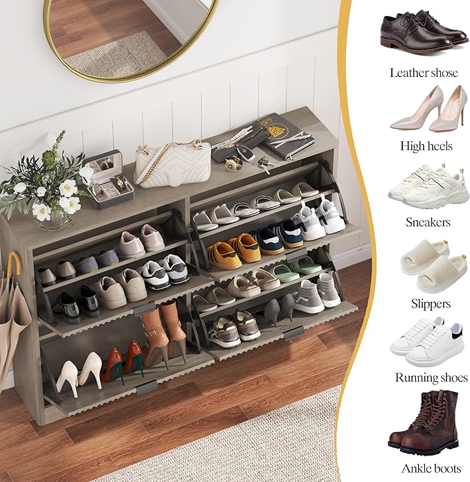 Shoe Cabinet Storage for Entryway with 4 Flip Drawers, Grey Fluted Shoe Cabinet with Adjustable Shelves, Wooden Hidden Shoes Rack Freestanding Narrow Slim Shoes Storage for Hallway, Entrance