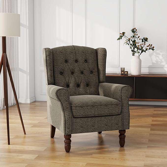 UIXE High Back Accent Chair, Fabric Upholstered Armchair Comfy Wingback Arm Club Chair for Living Room, Retro Single Sofa Bedroom Reading Seat with Solid Wood Legs - Taupe