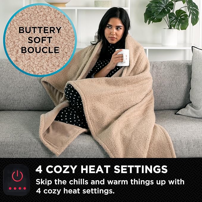 Brookstone Heated Throw Blanket - Heat Blankets Electric - Faux Fur Heated Throw Blanket- 4 Heat Settings, 4-Hour Auto Shut Off, 100% Polyester, 50"x60" - Brown