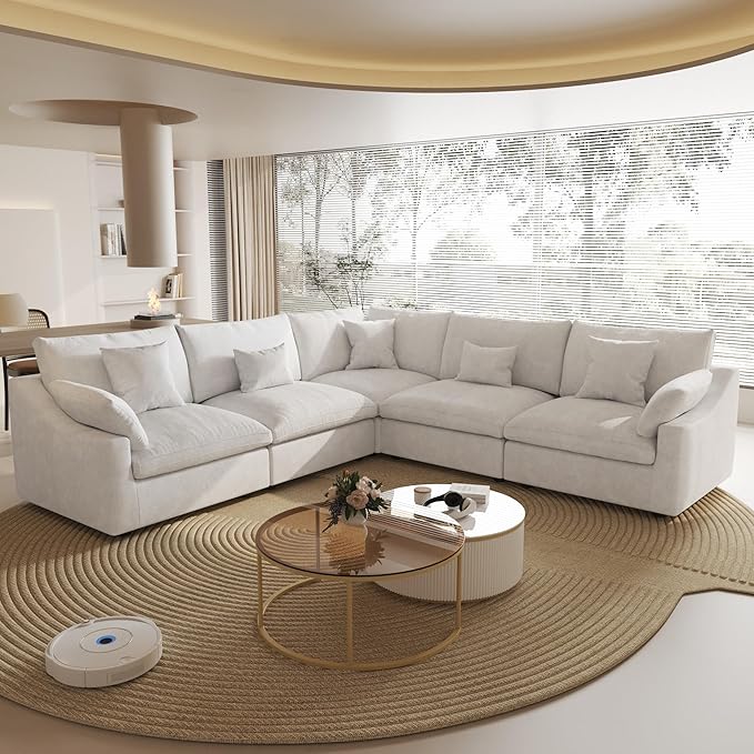 Cloud Couch Modular Sectional Sofa,119inch V Shaped Sofa,Down Filled 5 Seater Convertible Living Room Sets,Cover Washable and Replaceable Couches for Living Room,White