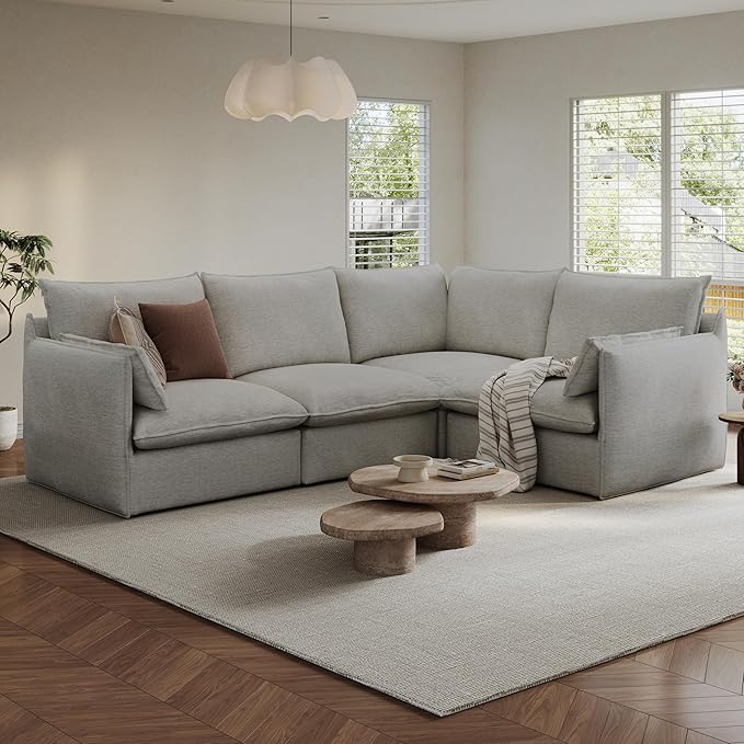 Cloud Sectional Couches for Living Room, Convertible Cloud Sofa Spill & Stain-Resistant with Removable Washable Cover & Down Feather Filled Cushions, 4 Seater V-Shaped Modular Sectional Sofa