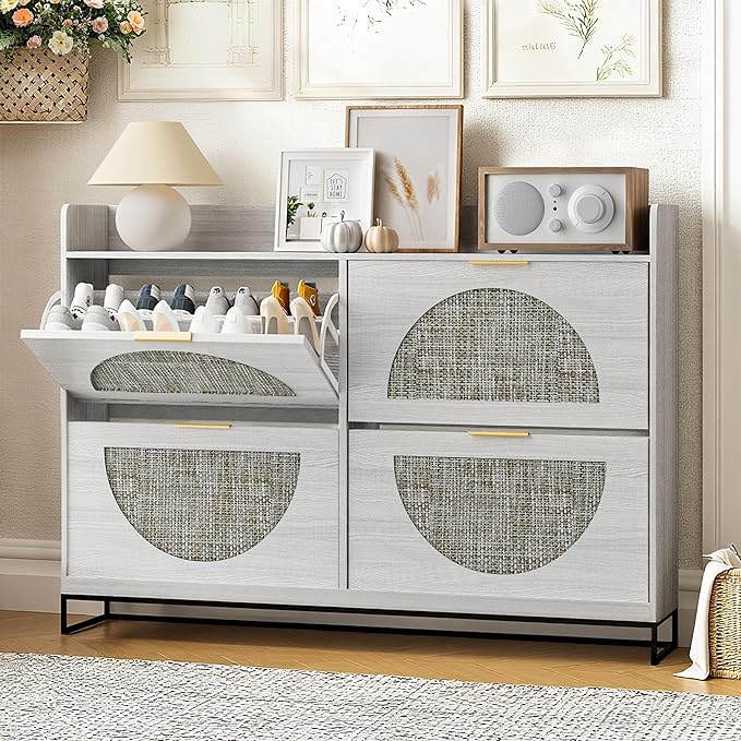 Large Shoe Cabinet Storage for Entryway Hidden Rattan Shoe Cabinet with 4 Flip Drawers Freestanding for Entryway、Hallway Beige