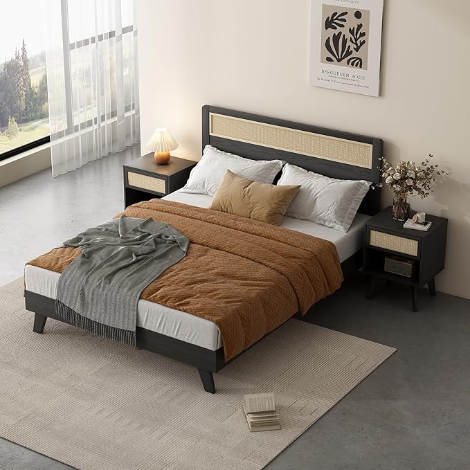 MUSEHOMEINC Modern Wooden Full Size Bed Frame with Rattan Headboard,Boho Style,No Box Spring Needed, Easy Assembly (Full)