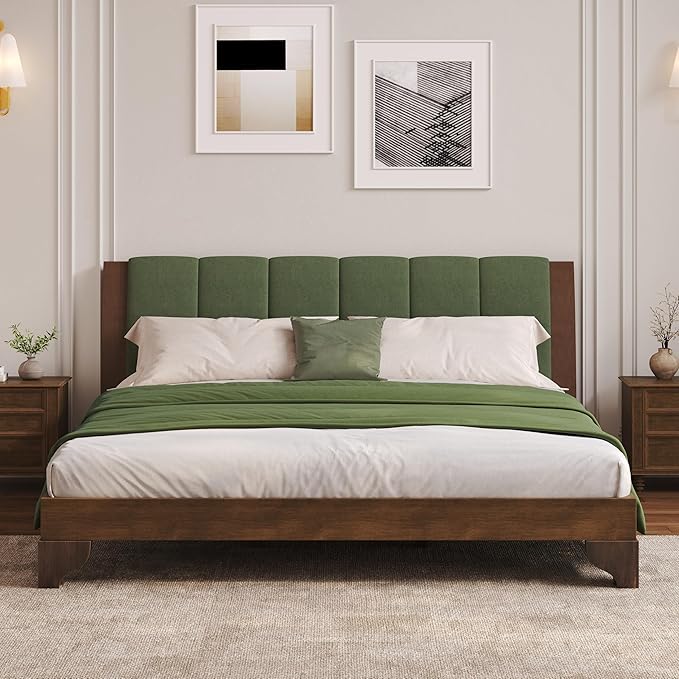 Merax Pine Wood King Bed Frame with Headboard, Mid Century Modern Solid Wood Platform Bed Frame King Size, No Box Spring Needed, Green+Walnut