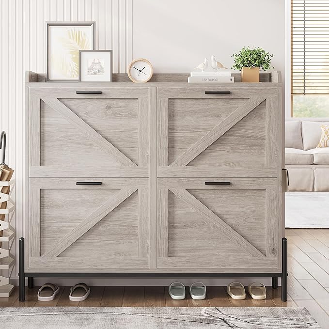 IRONCK Farmhouse Shoe Storage Cabinet with 4 Flip Drawers, Freestanding Shoe Organizer with Adjustable Shelf for Entryway, Narrow Shoe Rack Cabinet for Hallway, Living Room, Gray