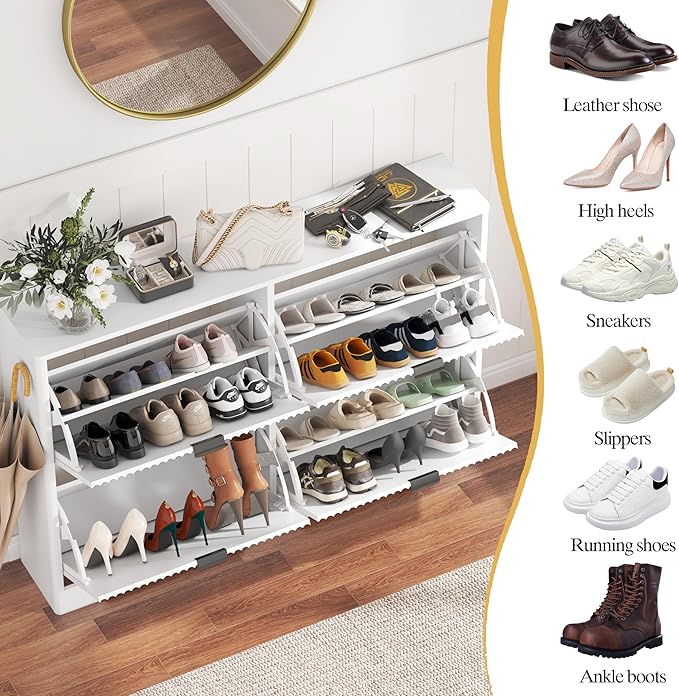 Shoe Cabinet Storage for Entryway with 4 Flip Drawers, White Fluted Shoe Cabinet with Adjustable Shelves, Wooden Hidden Shoes Rack Freestanding Narrow Slim Shoes Storage for Hallway, Entrance