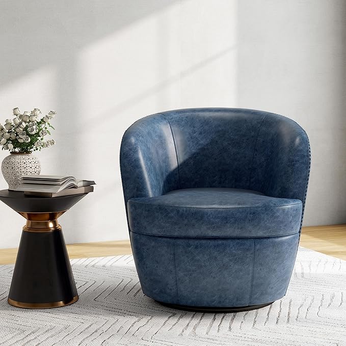 Swivel Barrel Chair, Modern Round PU Leather Accent Armchair for Living Room, Bedroom, Comfy Club Reading Chairs for Adults (Leather Navy Blue, Set of 2)