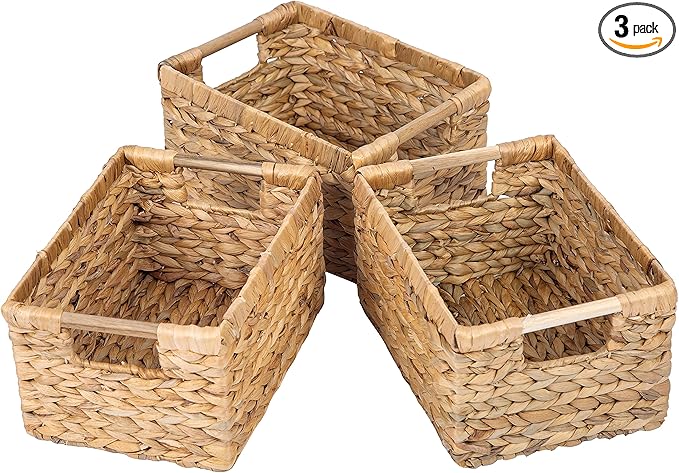 Natural Water Hyacinth storage basket with Handle, Rectangular Organizing Basket for Organizing, Decorative Wicker Storage Bins for Living Room, Medium Wicker Baskets - 3 Pack Medium