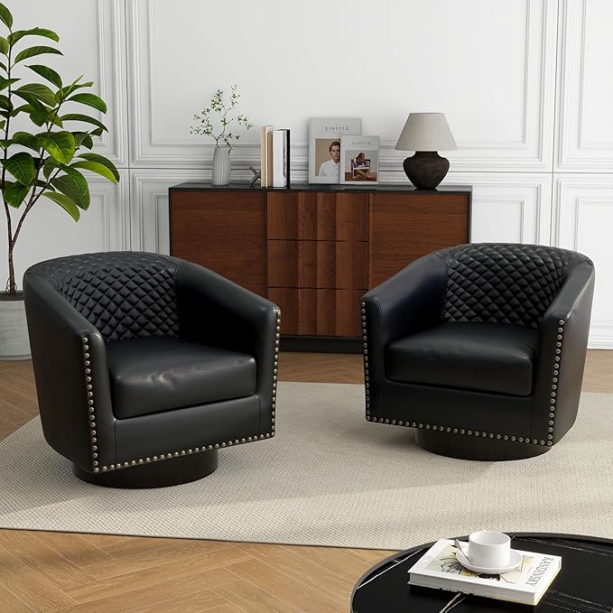 Swivel Barrel Accent Chair, Comfy Modern Upholstered Round Faux Leather Arm Chair for Living Room, Bedroom（Black, Set of 1