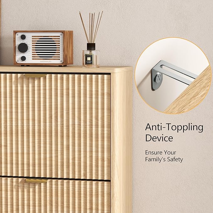 Shoe Cabinet Storage for Entryway with 3 Flip Drawers, Oak Fluted Shoe Cabinet with Adjustable Shelves, Wooden Hidden Shoe Rack Freestanding Narrow Slim Shoes Storage for Hallway, Entrance