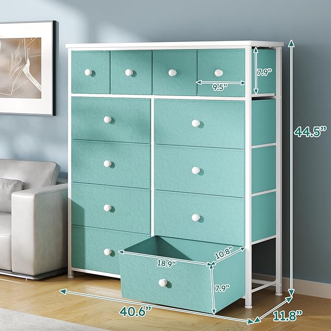 Dresser for Bedroom with 12 Drawers, Fabric Dressers & Chest of Drawers with Sturdy Metal Frame, Wood Top, for Woman, 40.6" W x 11.8" D x 44.5" H (Turquoise)