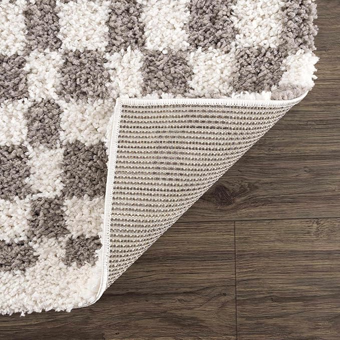 Hauteloom Kieu Contemporary Checkered Fluffy Shag Runner Rug - Modern Geometric Soft Carpet Tiles for Hallway, Kids Room, Nursery - Light Gray, Taupe, Gray - 2'7" x 7'3"