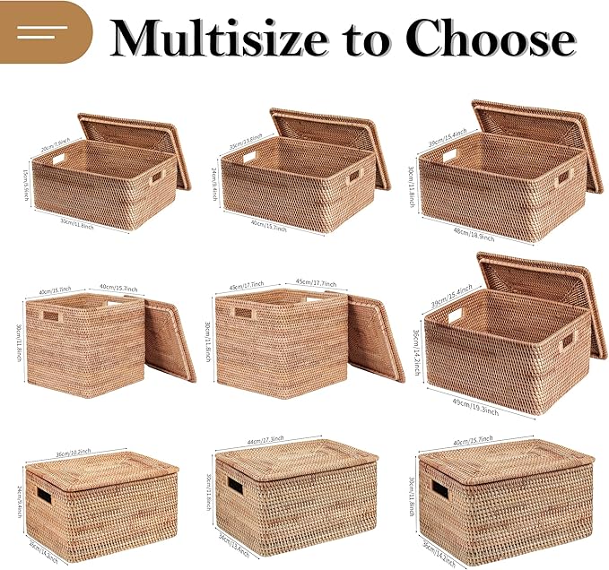 Rattan Basket With Lid, Large Lidded Basket For Storage Rattan Box(21.7" L×17.7"W×15.7"H)