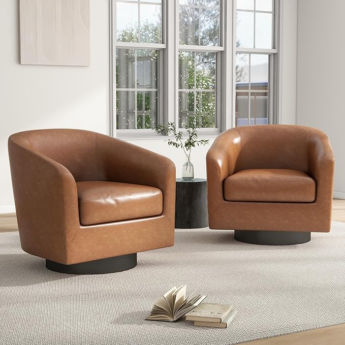 Swivel Barrel Chair, Modern Round PU Leather Accent Armchair for Living Room, Bedroom, Oversized Comfy Club Reading Chairs for Adults (Leather Brown, Set of 2)