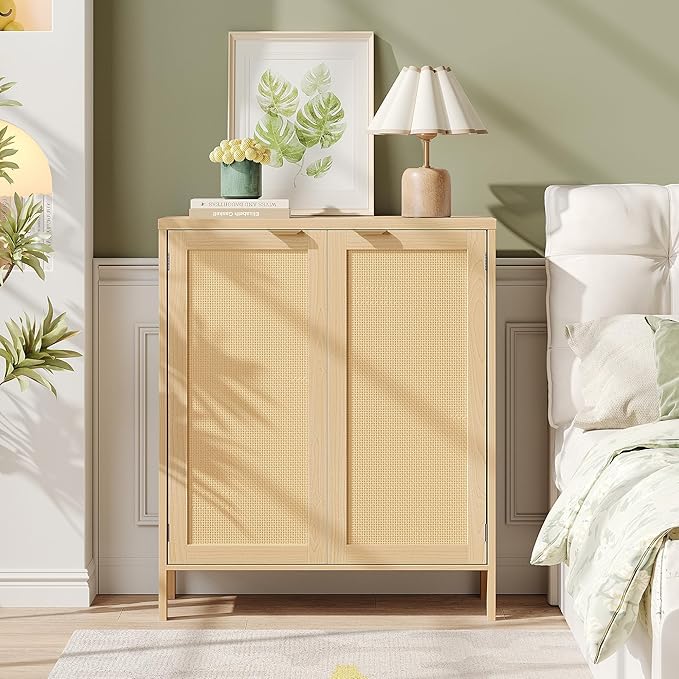 Maupvit Real Rattan Shoe Storage Cabinet with 2 Doors and 5 Shelves, Boho Shoe Organizer Cabinet, Accent Credenza Cabinets, 5-Tier Shoe Cabinet Storage for Entryway, Hallway, Living Room