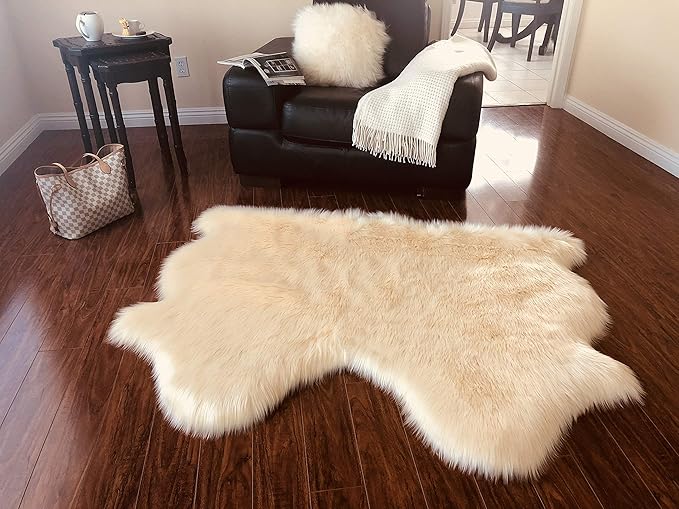 Free Shape Luxury Soft Fluffy Shag Area Rug Double Side by Side 3'x4', 90x120cm - Vegan Fur Ultra Soft Indoor Carpet Nursery Rugs for Bedroom Home Decor, Cream