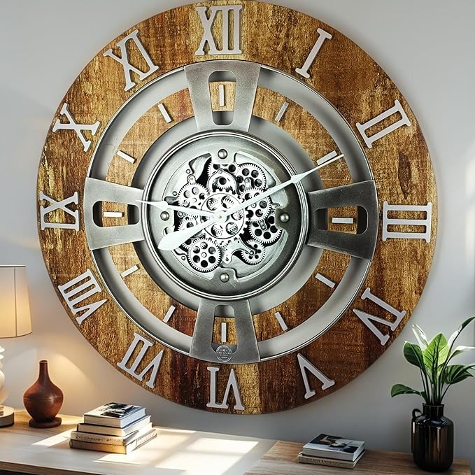 The Gears Clock Real Moving Gear Wall Clock England Line (Vintage Brown, 24 inches (60 cm))