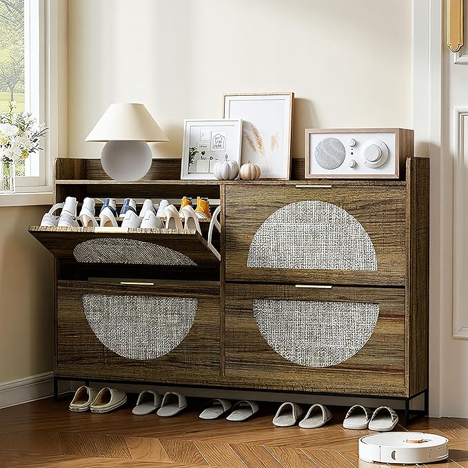 Large Shoe Cabinet Storage for Entryway Hidden Rattan Shoe Cabinet with 4 Flip Drawers Freestanding for Entryway,Hallway Rustic Oak Rattan
