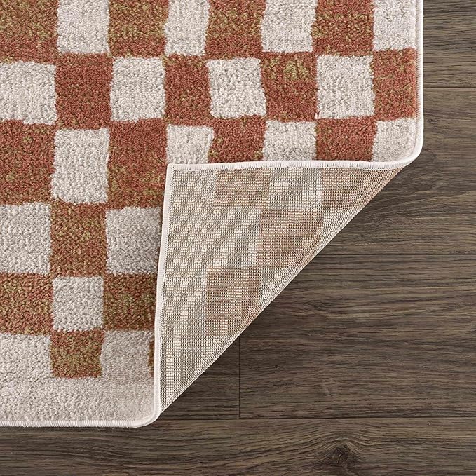 Hauteloom Pertek Modern Checkered Runner Rug - Modern Geometric Carpet for Hallway, Kids Room, Nursery - Bohemian Boho Carpet - Cream, Somon - 2'7" x 7'3"