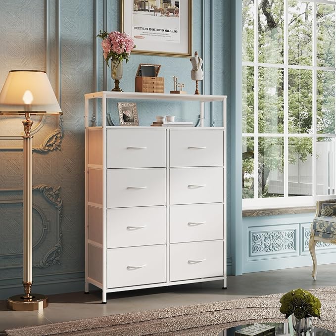 WLIVE Tall Fabric Storage Dresser - 8 Drawer Chest Tower for Bedroom, Closet, Living Room and Hallway, White