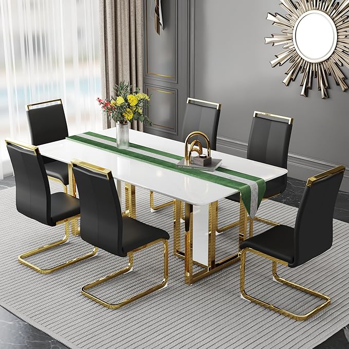 67-inch Modern Dining Table Set for 6 with 1.8 Inch Faux Marble Table Top & 6 PU Leather Chairs, White Luxury Kitchen and Dining Room Furniture Set