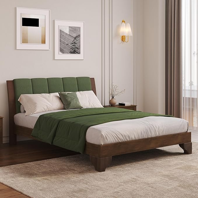 Merax Pine Wood Queen Bed Frame with Headboard, Mid Century Modern Solid Wood Platform Bed Frame Queen Size, No Box Spring Needed, Green+Natural