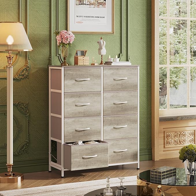 WLIVE Fabric Dresser for Bedroom, Tall Dresser with 8 Drawers, Storage Tower with Fabric Bins, Double Dressers, Chest of Drawers for Closet, Living Room, Hallway, Greige