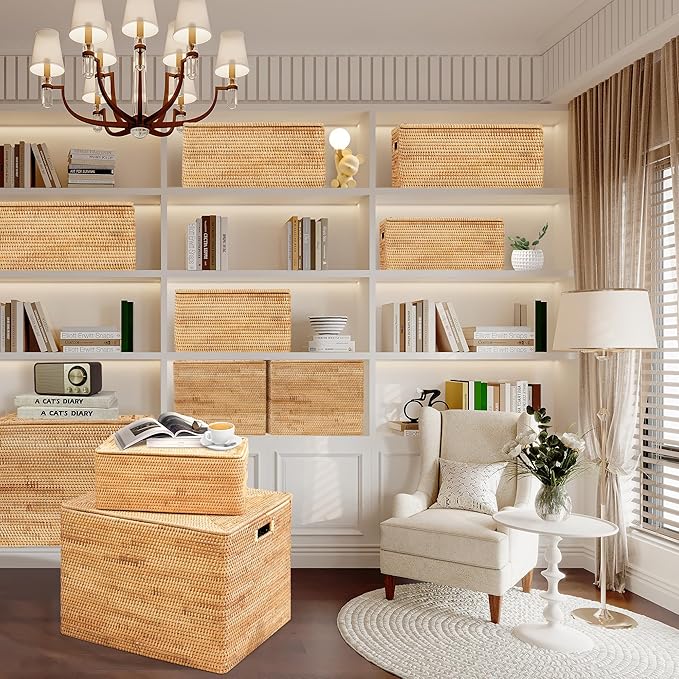 Rattan Basket With Lid,Large Storage Basket Lidded,Rattan Box For Shelf (14.2" L×10.2"W×9.4"H)