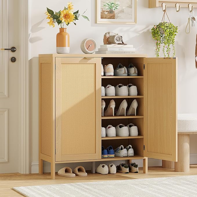 Maupvit Real Rattan Shoe Storage Cabinet with 2 Doors and 5 Shelves, Boho Shoe Organizer Cabinet, Accent Credenza Cabinets, 5-Tier Shoe Cabinet Storage for Entryway, Hallway, Living Room