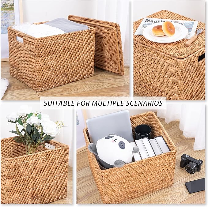 Rattan Basket With Lid, Large Lidded Basket For Storage(15.7" L×13"W×11.8"H)