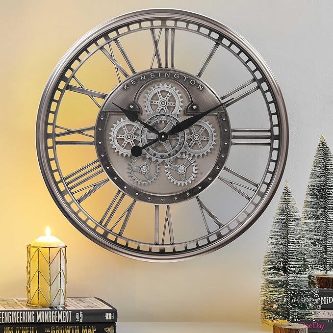 CLXEAST 28 Inch Original Real Moving Gear Wall Clock Roman Numerals,Oversized Large Wall Clocks for Modern Farmhouse Living Room Home Decor,Brushed Gunmetal
