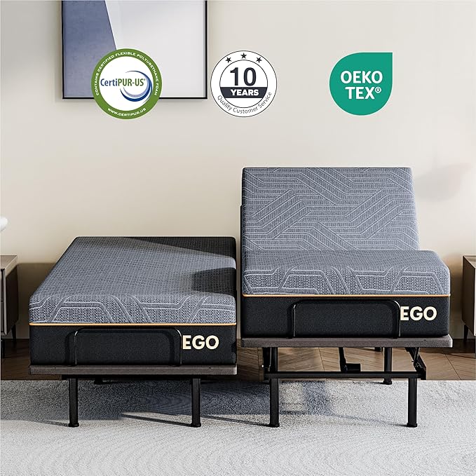 Split King Adjustable Bed Base Frame with Wireless Remote + 12 Inch SPK Gel Memory Foam Mattress Bed in a Box, Head and Foot Incline, Zero Gravity, Fiberglass Free,80" × 38"